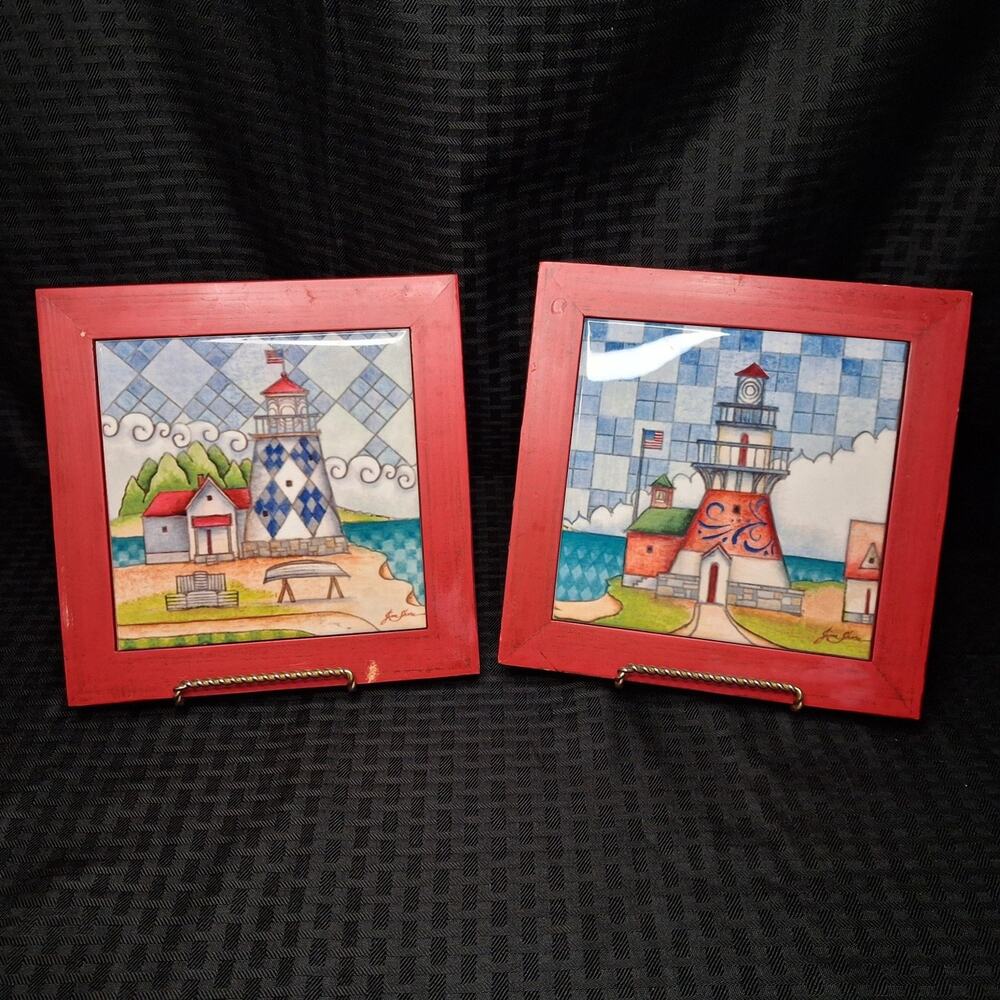 Jim Shore Lighthouse Tile Wall Art Framed Coastal Nautical Set of 2